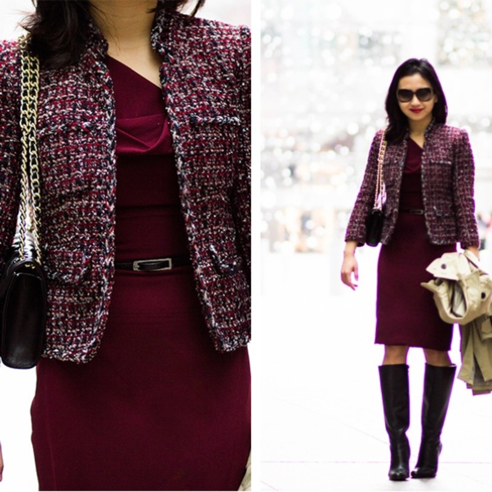 J. Crew Boucle Maple Tweed Blazer Size 2 Tall Dark Academia Maroon Navy 2013